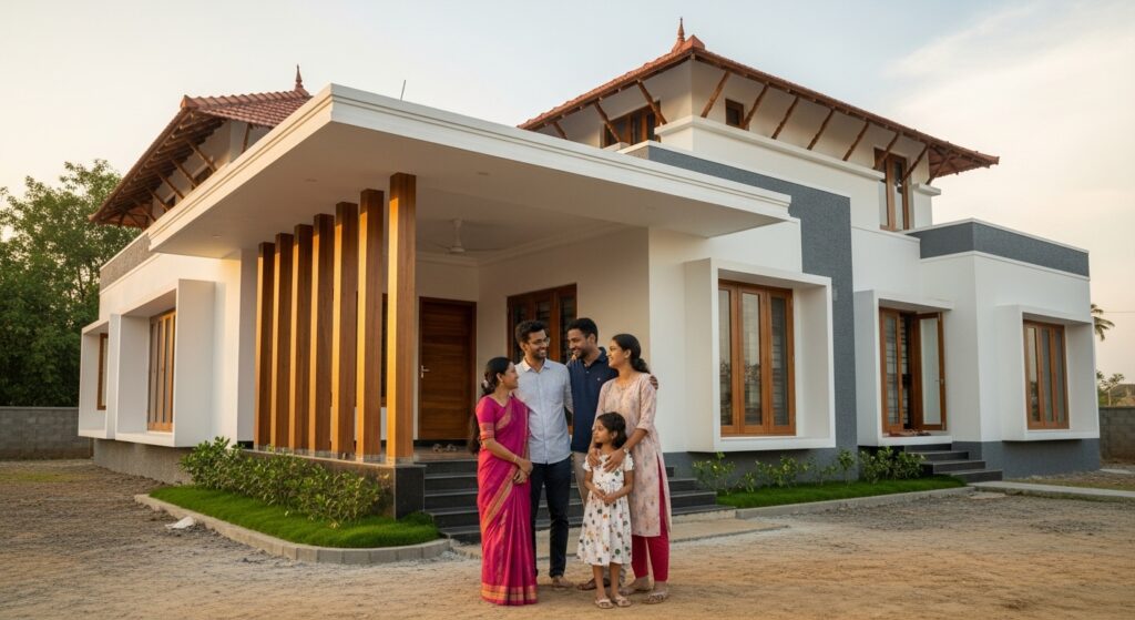 Happy family standing proudly outside their newly built home by Sthaayi Design Lab in Kerala